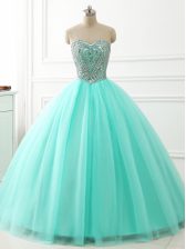 Custom Designed Apple Green Ball Gowns Sweetheart Sleeveless Tulle Floor Length Lace Up Beading Vestidos de Quinceanera