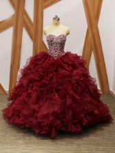  Sweetheart Sleeveless Organza Vestidos de Quinceanera Beading and Ruffles Brush Train Lace Up