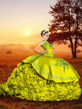  Sleeveless Embroidery and Ruffles Lace Up Ball Gown Prom Dress with Yellow Green Brush Train
