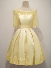 Comfortable Yellow Damas Dress Prom and Party and Wedding Party with Lace Off The Shoulder Half Sleeves Lace Up