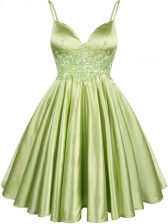  Spaghetti Straps Sleeveless Lace Up Dama Dress Yellow Green Elastic Woven Satin