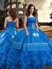 Glorious Blue Zipper Strapless Embroidery and Ruffled Layers Sweet 16 Dresses Taffeta Sleeveless