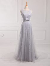  Tulle and Lace Sleeveless Court Dresses for Sweet 16 Brush Train and Beading and Lace