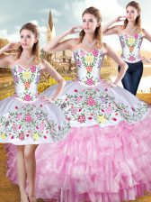 Beauteous Rose Pink Three Pieces Embroidery and Ruffled Layers Quinceanera Gown Lace Up Organza and Taffeta Sleeveless Floor Length