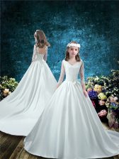 Adorable V-neck 3 4 Length Sleeve Flower Girl Dresses for Less Court Train Lace and Bowknot White Taffeta