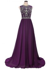 Popular Scoop Short Sleeves Elastic Woven Satin Dress for Prom Beading Brush Train Side Zipper