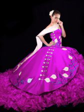  Fuchsia Ball Gown Prom Dress V-neck Sleeveless Brush Train Lace Up