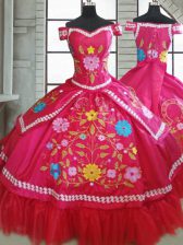 Fitting Floor Length Lace Up Quinceanera Gown Hot Pink for Military Ball and Sweet 16 and Quinceanera with Beading and Embroidery