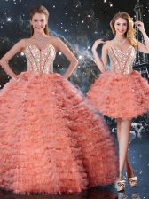  Watermelon Red Lace Up Quince Ball Gowns Beading and Ruffled Layers Sleeveless Floor Length