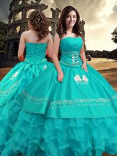  Turquoise Taffeta Zipper Sweet 16 Dresses Sleeveless Floor Length Embroidery and Ruffled Layers