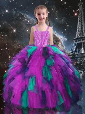 Customized Fuchsia Sleeveless Floor Length Beading and Ruffles Lace Up Girls Pageant Dresses