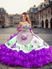  Eggplant Purple Organza Lace Up Sweetheart Sleeveless Floor Length Sweet 16 Dresses Embroidery and Ruffled Layers