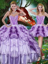 Custom Fit Sweetheart Sleeveless 15th Birthday Dress Floor Length Beading and Ruffles and Ruffled Layers Multi-color Organza