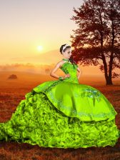 Spectacular Lace Up Sweetheart Embroidery and Ruffles Sweet 16 Quinceanera Dress Organza Sleeveless Brush Train