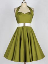  A-line Dama Dress Olive Green Halter Top Taffeta Sleeveless Knee Length Lace Up
