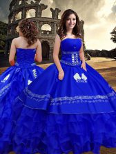 Elegant Royal Blue Sleeveless Embroidery and Ruffled Layers Floor Length Quinceanera Dress