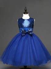 Eye-catching Sleeveless Zipper Tea Length Sequins and Bowknot Little Girl Pageant Dress