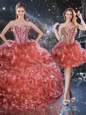 New Arrival Rust Red Three Pieces Organza Sweetheart Sleeveless Beading and Ruffles Floor Length Lace Up Quinceanera Gowns