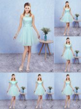 Fabulous Aqua Blue Halter Top Neckline Appliques Damas Dress Cap Sleeves Lace Up