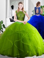 Great Olive Green Two Pieces Lace and Ruffles Quince Ball Gowns Zipper Tulle Sleeveless Floor Length