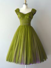  Olive Green A-line V-neck Cap Sleeves Chiffon Knee Length Lace Up Ruching Court Dresses for Sweet 16