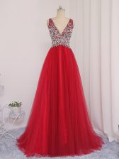 Modest Backless Homecoming Dress Red for Prom and Party and Military Ball with Beading Brush Train
