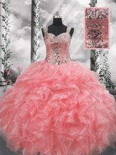 Fashionable Floor Length Ball Gowns Sleeveless Watermelon Red Sweet 16 Dress Zipper
