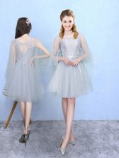 Spectacular Half Sleeves Tulle Knee Length Lace Up Quinceanera Court of Honor Dress in Silver with Lace