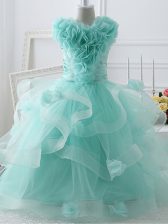  Apple Green High-neck Neckline Ruffles and Hand Made Flower Pageant Gowns For Girls Sleeveless Zipper