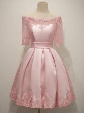 Adorable Knee Length Pink Dama Dress Taffeta Half Sleeves Lace