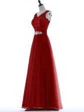  Red V-neck Zipper Beading and Lace Prom Party Dress Short Sleeves