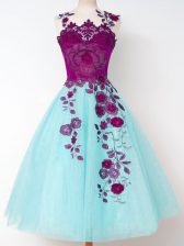  Straps Sleeveless Dama Dress Knee Length Appliques Aqua Blue Tulle