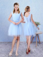 Best V-neck Sleeveless Lace Up Damas Dress Aqua Blue Tulle