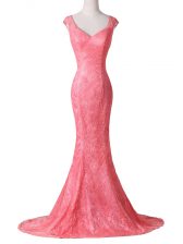  Brush Train Mermaid Prom Party Dress Watermelon Red V-neck Lace Cap Sleeves Backless