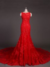 Amazing Sleeveless Beading and Lace and Appliques Backless Prom Party Dress with Red Court Train