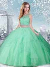 Flare Tulle High-neck Sleeveless Clasp Handle Beading Sweet 16 Quinceanera Dress in Apple Green