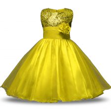  Yellow Zipper Scoop Bowknot and Belt and Hand Made Flower Flower Girl Dresses Organza and Sequined Sleeveless