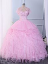 Affordable Pink Lace Up Ball Gown Prom Dress Beading and Ruffles Sleeveless Floor Length