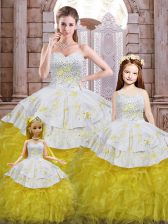  Yellow And White Sweetheart Neckline Beading and Appliques and Ruffles Quinceanera Gown Sleeveless Lace Up