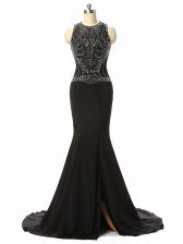  Black Mermaid Scoop Sleeveless Chiffon Brush Train Side Zipper Beading Prom Dress