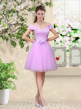 Fitting Cap Sleeves Lace and Belt Lace Up Quinceanera Dama Dress