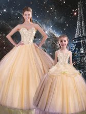  Sweetheart Sleeveless Quinceanera Dresses Floor Length Beading Champagne Tulle