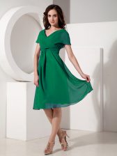  Ruching Evening Dress Dark Green Zipper Short Sleeves Knee Length