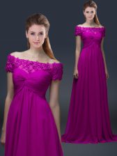  Fuchsia Off The Shoulder Lace Up Appliques Evening Dress Short Sleeves
