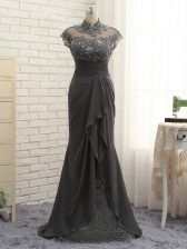Gorgeous Cap Sleeves Floor Length Lace and Ruching Zipper Prom Gown with Black