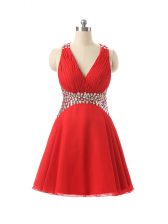 Fitting Red V-neck Neckline Beading Homecoming Dress Sleeveless Criss Cross
