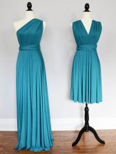  Chiffon One Shoulder Sleeveless Lace Up Ruching Dama Dress in Teal 