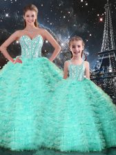  Apple Green Ball Gowns Tulle Sweetheart Sleeveless Beading and Ruffles Floor Length Lace Up 15 Quinceanera Dress