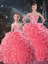Fine Beading and Ruffles Sweet 16 Quinceanera Dress Coral Red Lace Up Sleeveless Floor Length