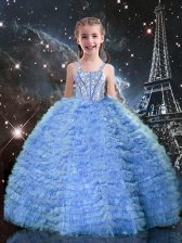  Straps Sleeveless Lace Up Kids Formal Wear Baby Blue Tulle
